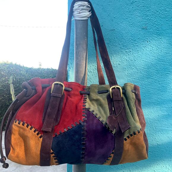 VINTAGE SUEDE PATCHWORK WHIPSTITCHED LEATHER SHOULDER BAG - Picture 4 of 8